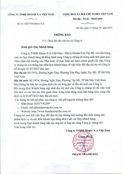 Thông báo về việc thay đổi địa chỉ trụ sở Công ty