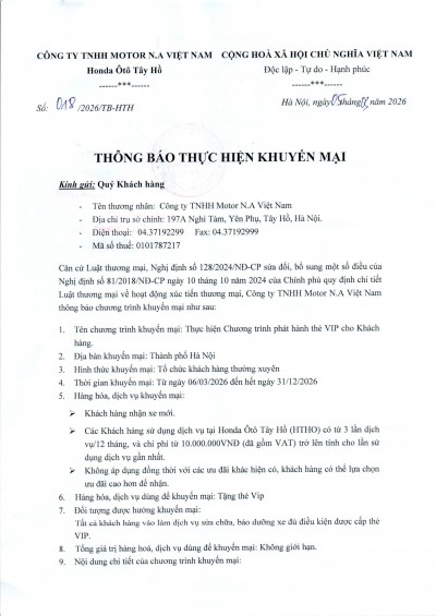 THÔNG BÁO KHUYẾN MẠI